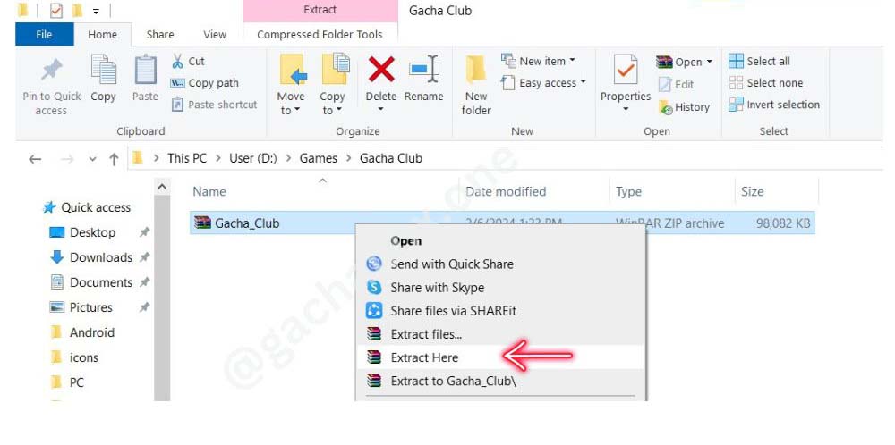 gacha club zip file extract here step